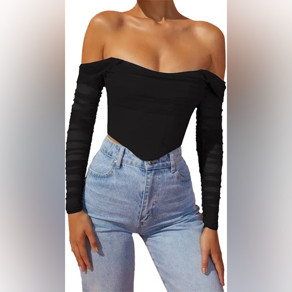 Off the shoulder black corset top with sleeves - Picture 1 of 6